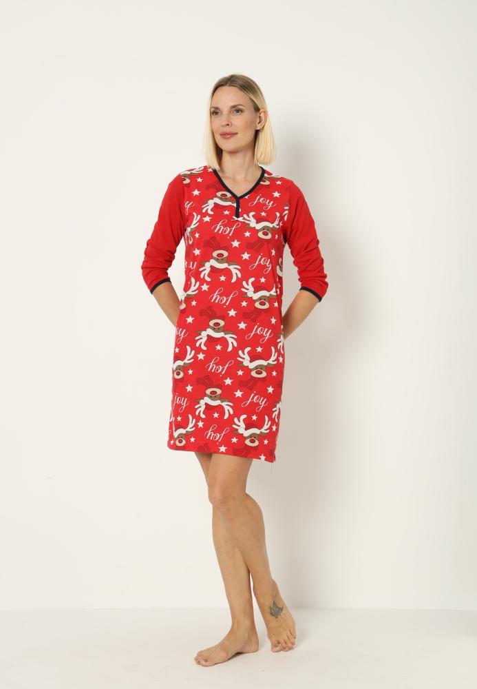 Camasa de noapte Craciun,imprimeu reni,culoare rosu ,En-gros